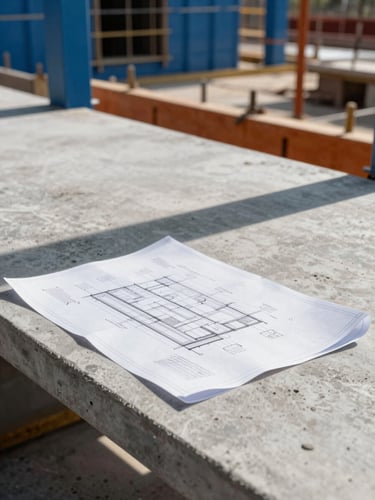 Active commercial construction site-walk, blueprints laid out on a modern concrete table, crisp daylight, dramatic architectural shadows.