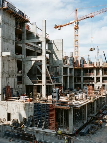 Wide-angle architectural photograph of a modern commercial concrete build mid-construction, sharp geometric daylight and deep shadows, safety-orange crane details in the background, 35mm