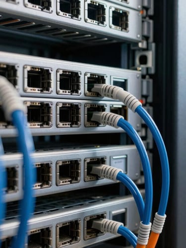 Tight macro shot of sophisticated network cabling and server racks inside a newly constructed corporate server room, sharp focus, 35mm.