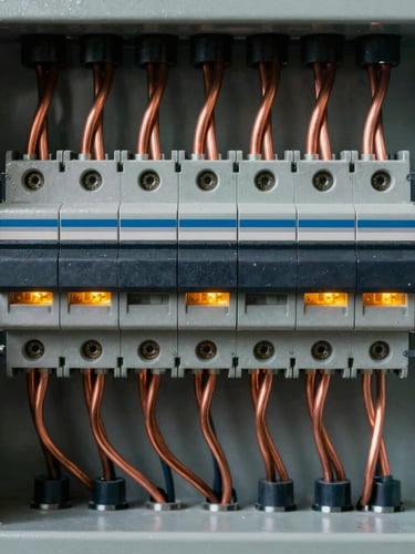 Tight macro shot of perfectly aligned copper wiring inside a heavy-duty industrial breaker panel, crisp safety-amber highlights, 35mm.