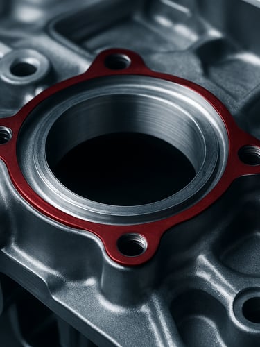 Macro close-up of a high-precision machined automotive component, cool industrial lighting, sharp focus on technical details, 35mm