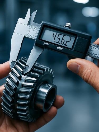 Macro close-up of a quality engineer using digital calipers to measure a machined steel automotive gear, cool industrial lighting, sharp focus on the caliper display