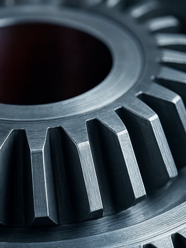 Macro close-up of a machined steel automotive gear showing precise metallic texture, cool crisp industrial lighting, sharp focus, 35mm
