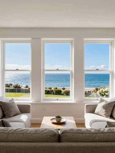 Straight-on architectural photograph of a pristine coastal cottage living room in Colwyn Bay, crisp natural daylight streaming through sash windows, perfectly arranged linen throws, sharp focus, 35mm