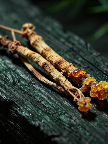Portrait-oriented close-up of dried wild-harvested roots and sticky pine resin resting on dark charred oak wood. Dramatic side lighting, heavy shadows, deep green and amber tones, macro lens.