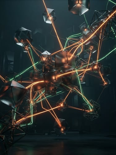 Sleek 3D render of dark glassmorphism nodes, glowing orange and pine green light trails connecting geometric data blocks, dark studio lighting, octane render, 9:16 portrait aspect