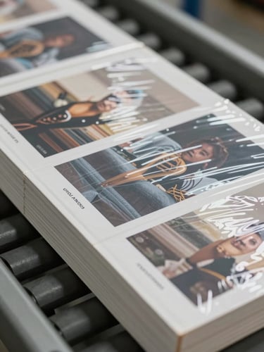 Extreme close-up overhead shot of shrink-wrap film being sealed over a stack of printed editorial books on a production conveyor, neutral factory daylight, crisp packaging detail visible