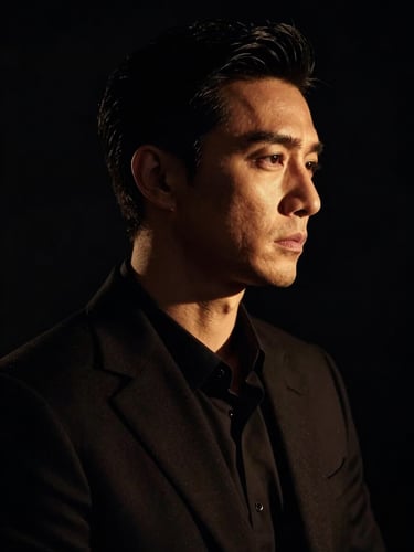 Dramatic low-key profile of a well-groomed man in sharp chiaroscuro lighting, subtle golden-hour rim light accentuating his jawline, deep black background, cinematic 35mm