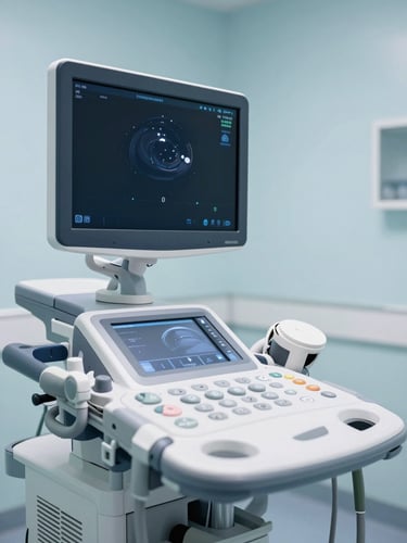 A clean, modern ultrasound machine in a brightly lit, sterile clinical room with light blue walls.