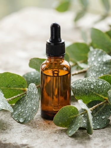 Macro photography of amber glass dropper bottles reflecting soft morning daylight, fresh eucalyptus leaves with water droplets, light stone background, clean editorial style.