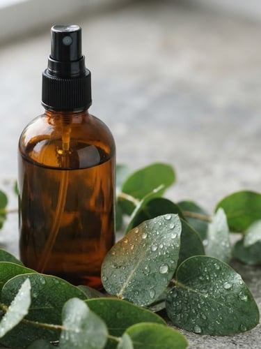 Macro close-up of an amber glass spray bottle reflecting soft morning daylight, fresh eucalyptus leaves with water droplets, minimalist stone surface.
