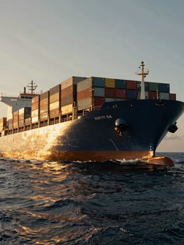 Low-angle cinematic shot of a massive container vessel cutting through deep ocean waters at golden hour, dramatic sunlight reflecting off metallic surfaces, epic scale, anamorphic lens