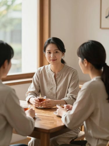 A warm editorial portrait of a counselor and client sitting at a wooden table with tea, soft natural light streaming through a window, calm atmosphere.