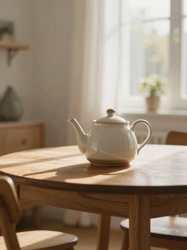 Warm editorial photography of a serene Dutch living room with soft natural daylight, a wooden table with a ceramic teapot, calm and reassuring atmosphere
