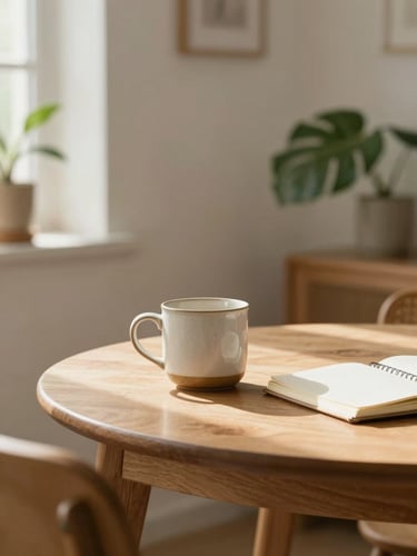 A bright, warm room with soft daylight streaming in, a wooden table with a ceramic mug, a notebook, and a green plant, conveying calm and organized structure.