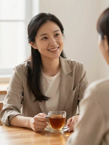 Warm editorial portrait of a professional counselor and a client sitting at a wooden table with a cup of tea, soft natural daylight, calm and reassuring atmosphere