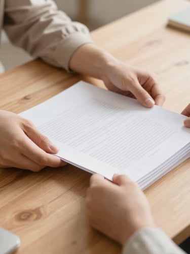 A close-up editorial photograph of hands organizing documents on a clean wooden desk, soft natural light, warm earth tones, peaceful environment.