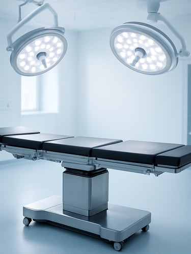 sleek stainless steel modular operating table in a bright sterile operating room, surgical lamps overhead, clean high-key lighting, professional clinical setup