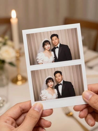 Warm editorial photography of hands holding a high-quality physical photobooth print at a Swiss wedding, soft ambient venue lighting with flattering flash, elegant beige and gold tones, shallow depth of field, 35mm