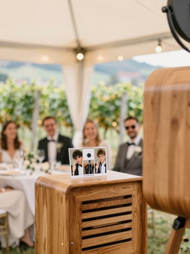 Elegant wooden photobooth setup in a bright Swiss vineyard wedding venue, warm ambient light, laughing guests in the background, shallow depth of field, 35mm