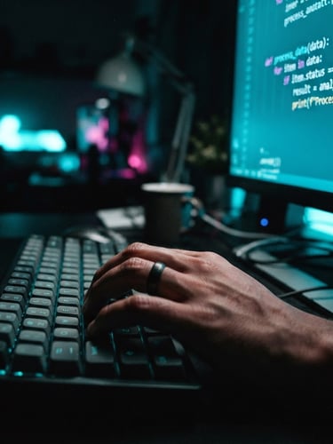 Dark, moody close-up of a developer's desk at night, neon cyan glow from a monitor displaying clean code, a hand on a mechanical keyboard, shallow depth of field, left third of the frame shows the hand and keyboard, right two-thirds is blurred background.