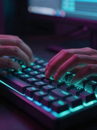Close-up of a software engineer's hands typing on a mechanical keyboard with cyan key backlighting, dark room, neon screen glow reflecting on hands, shallow depth of field, 35mm