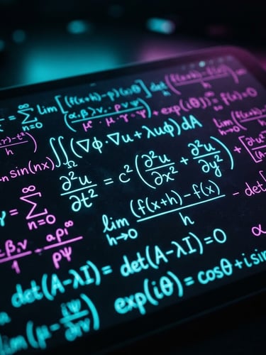 Tablet üzerinde yazılmış karmaşık bir matematiksel formül, neon cyan ve magenta ışıklarla aydınlatılmış karanlık bir ortamda, makro çekim, sığ alan derinliği, teknik şema.