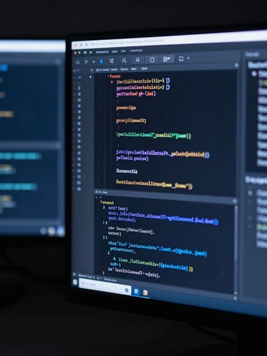 Macro close-up of developer screens displaying complex codebases in a dark studio, sharp focus, cool low-key blue lighting, 35mm editorial tech photography