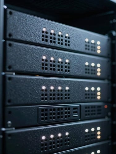 Architectural macro close-up of dark slate server racks with cool white indicator lights in a secure, climate-controlled data center, shallow depth of field, 35mm.