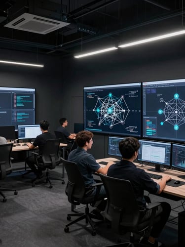 Wide-angle architectural shot of a modern, dark-toned collaborative workspace with developers analyzing complex network topologies on large screens, cool low-key lighting, 35mm.