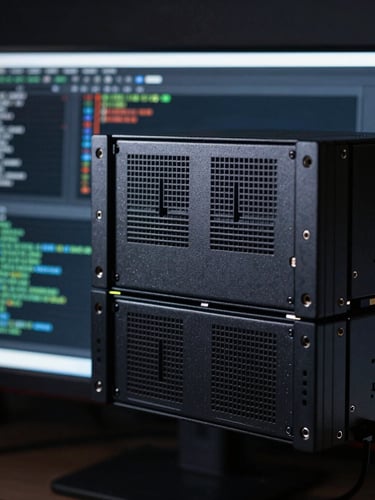 Dark editorial tech photography, cool low-key studio lighting, deep slate and obsidian tones, sharp macro focus of high-resolution server monitor showing complex code, 35mm