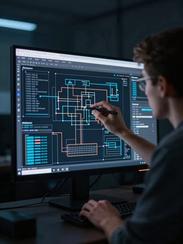 A developer analyzing complex system architecture diagrams on a high-resolution screen in a dark, low-key studio environment, cool blue accents, 35mm.