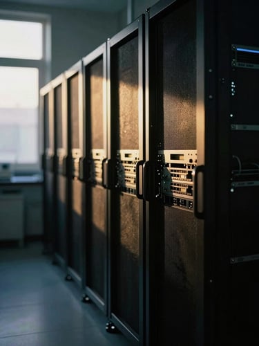 Dramatic low-key photography of a modern medical research laboratory, glowing server racks blurred in the background, sharp directional light, deep shadows