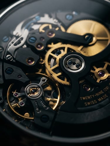 Macro close-up of a luxury mechanical watch movement, gold gears and dark obsidian plates, dramatic directional window light, deep shadows, cinematic 35mm