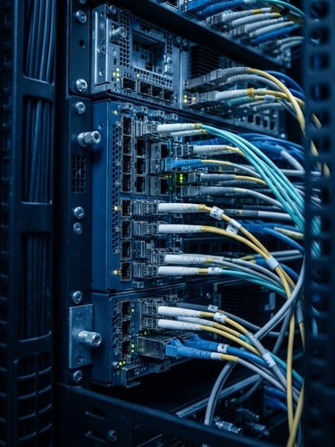 Macro shot of high-spec enterprise network switches, cool-toned blue studio lighting, metallic chassis details, high clarity