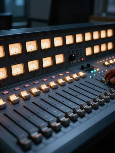 Close-up of a technical production desk in action, glowing audio meters, sharp focus on control faders, dark ambient evening glow, 35mm.