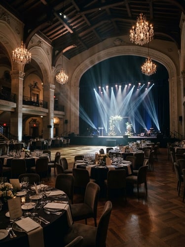 Wide-angle architectural view of an empty, perfectly lit luxury event venue before guests arrive, dramatic spotlights projecting crisp beams across deep rich shadows, 35mm cinematic.