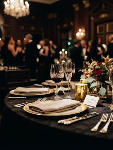 Cinematic close-up of a perfectly lit luxury gala table setting, warm ambient evening glow, deep rich shadows, 35mm.