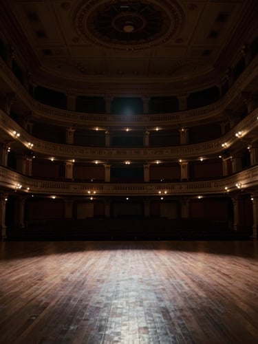 Wide architectural angle of an empty, beautifully illuminated historic ballroom before guests arrive, dramatic spotlights, deep rich shadows, 35mm.