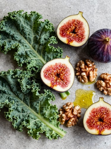 Top-down overhead flat-lay of vibrant raw ingredients: halved purple figs, deep green kale leaves, crushed walnuts, and olive oil glistening on a concrete surface, natural bright morning light.