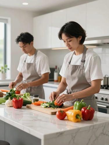 Bright, naturally lit modern kitchen, professional clinical nutritionists in clean aprons preparing fresh whole vegetables on a marble island.