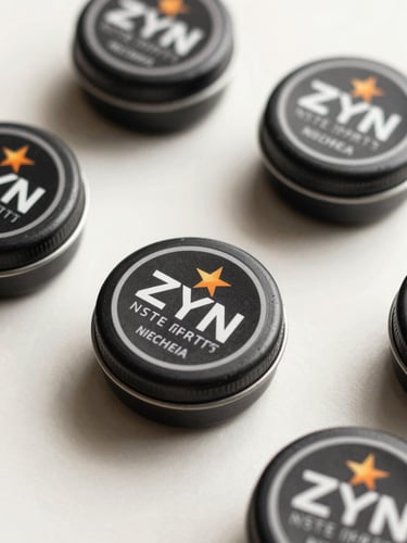 Close-up flat lay of ZYN nicotine pouch cans arranged on a clean cream-white surface, studio diffuse lighting with soft rim highlight on the cylindrical tins, 45-degree angle shot showing brand detail and texture
