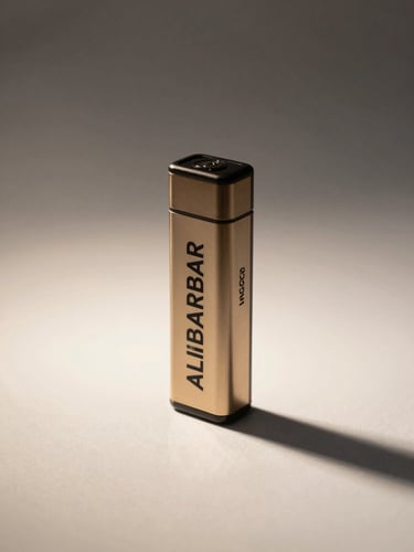 Close-up portrait of ALIBARBAR INGOT 9000 PUFFS device standing upright on a clean cream-white surface, studio diffuse key light from the upper left casting a soft shadow to the right, subtle rim highlight on the metallic ingot-shaped body, product label sharp and legible, minimal negative space below