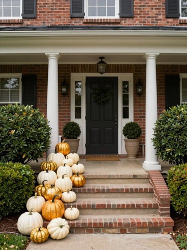 Wide environmental shot of a finished front porch installation in soft diffused daylight, a brick colonial entry flanked by deep-green boxwoods, a tall cluster of ivory and gold heirloom pumpkins cascading down the left step, the composed arrangement photographed to show the full architectural frame