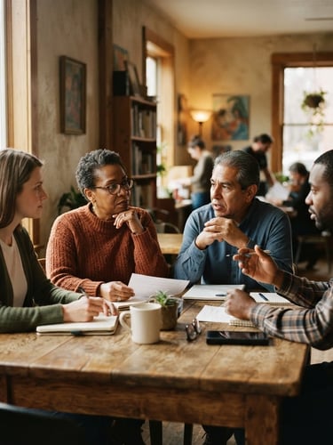 A quiet, dignified environmental portrait of local community leaders collaborating around a wooden table, soft natural window light, muted organic tones, warm shadows.