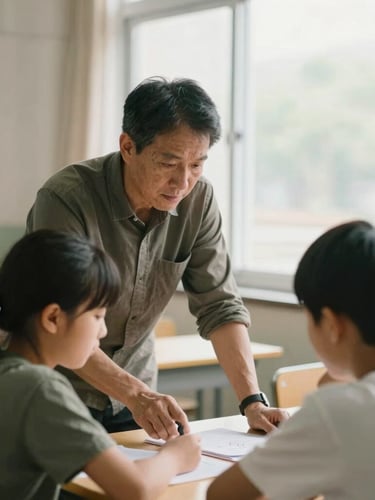 A quiet, observational medium shot of a mentor guiding a student in a focused, warm daylight learning environment, editorial documentary style