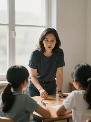 A medium-wide environmental portrait of a teacher guiding two young students over a wooden table, soft natural window light, warm muted shadows.