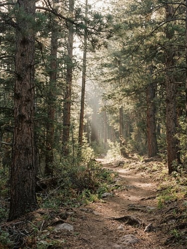 Medium format film photograph of a quiet sunlit forest path in Utah, mature pine trees, soft morning window-like light filtering through branches, editorial documentary style