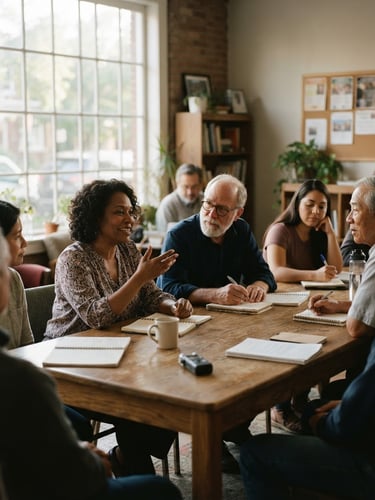 A quiet, warm interior window light illuminating a collaborative meeting between local community leaders around a wooden table, editorial documentary style