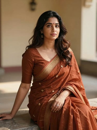 A relaxed candid portrait of a woman sitting on a stone bench in an airy sunlit room, wearing a rust-colored handloom saree, shallow depth of field.